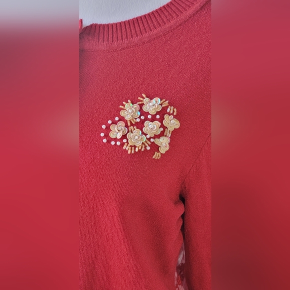 Y2K Vintage Cardigan Juniors XL Red w/ Sheer Lace Back Sequin & Floral Detail - Picture 6 of 13